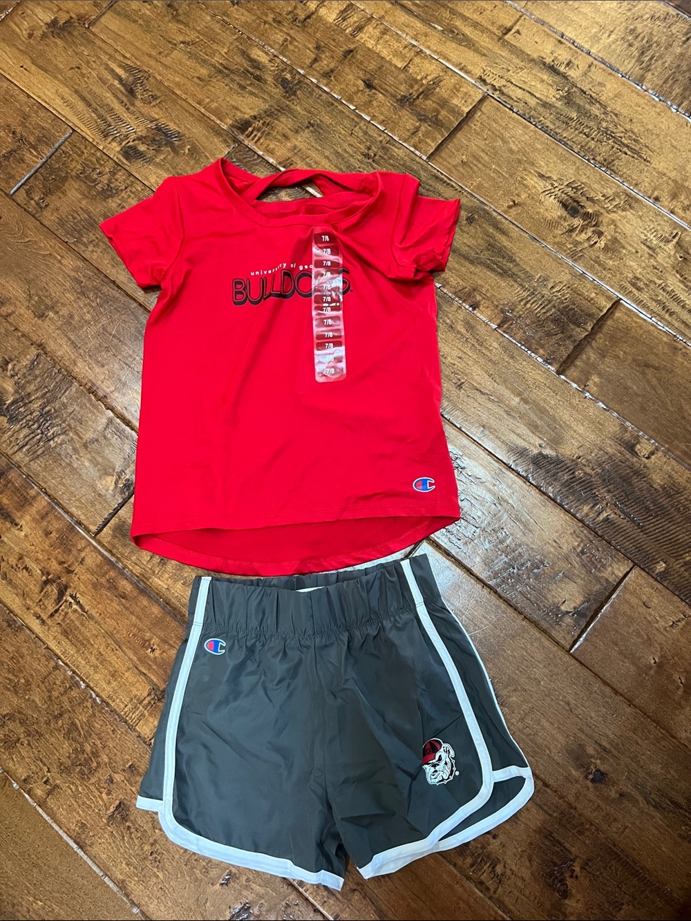 Champion Red Bulldogs Tee with Gray Athletic Shorts girls 7/8